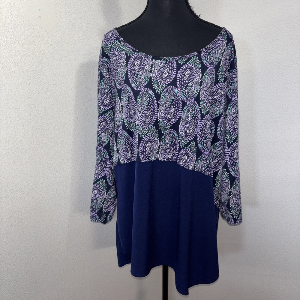 Kim Rogers Asymmetrical Top Women's 3X Purple Paisley Print Preppy Casual Mature